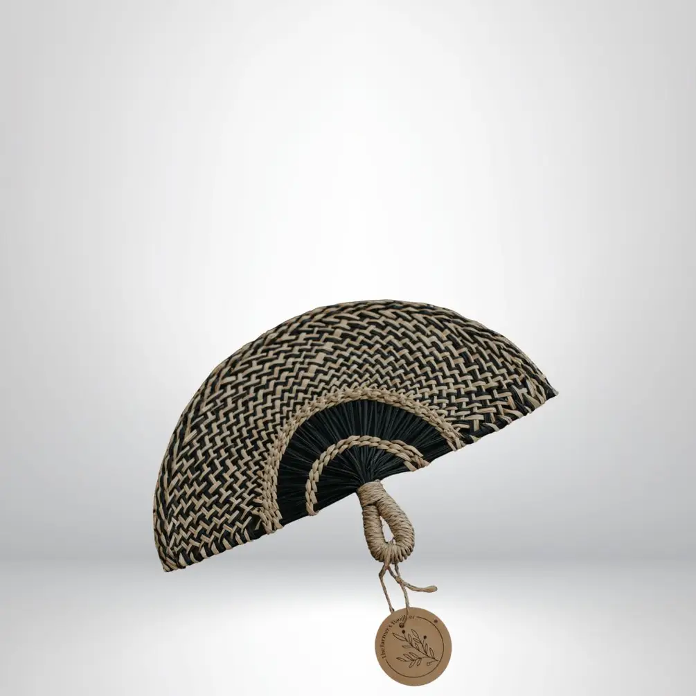 Handwoven Seagrass Fan – Black & Natural Two-Tone