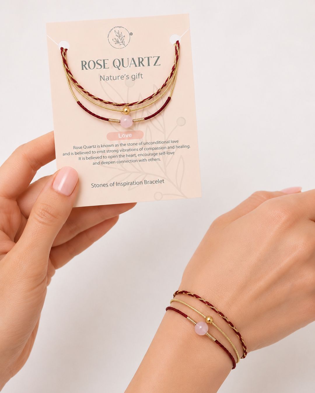 Nature's Gift gemstone bracelet displayed on branded gift card by The Farmer's Daughter.